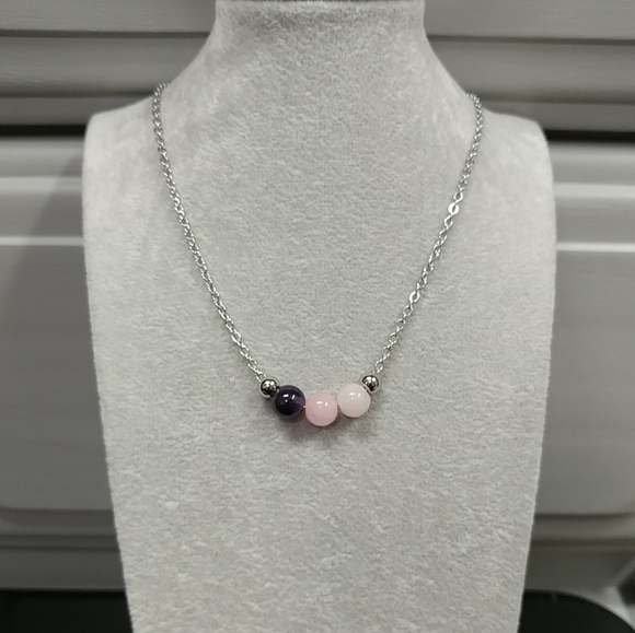 Rose Quartz Amethyst Three Bead Necklace Natural Gemstone Crystal StainlessSteel - Picture 7 of 14
